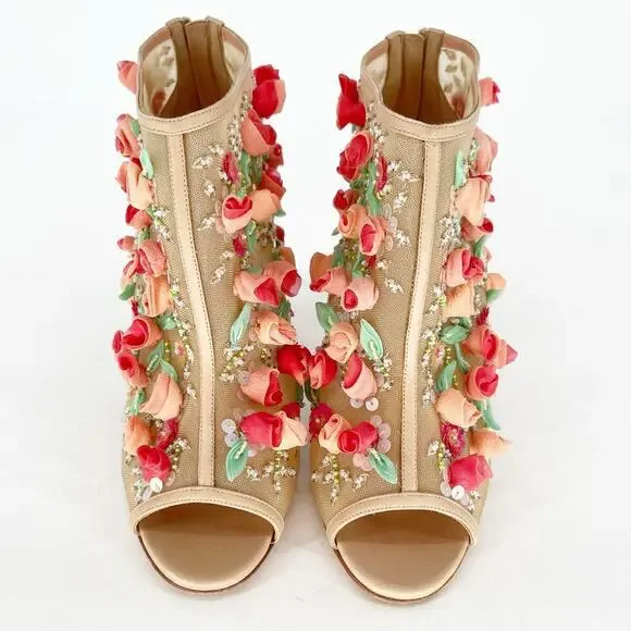 Manolo Blahnik Clizia Tan Mesh Bootie with Sequin and Floral Appliqué IT 40.5 - Picture 6 of 14